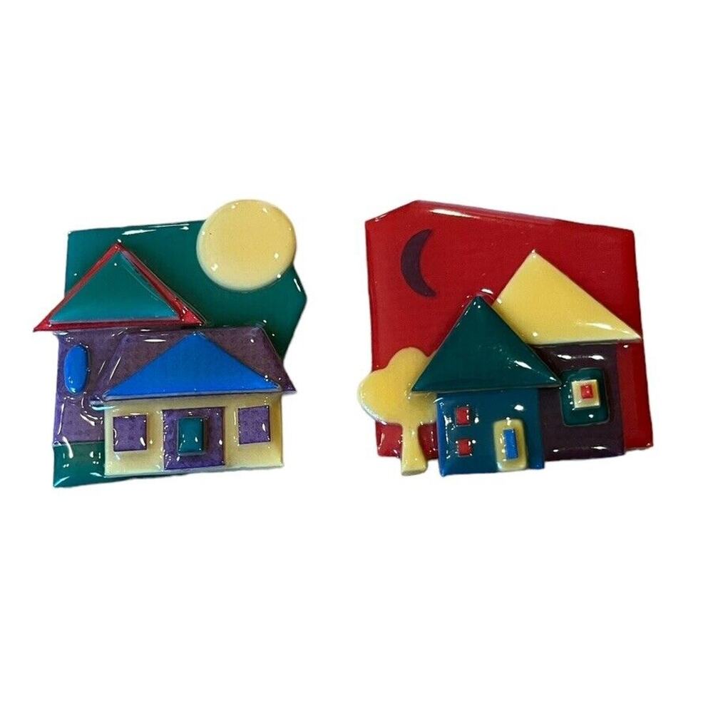 2 Vintage House Pins by Lucinda Brooch Resin 2"×2” Moon Primary Colors 1980s 3-D